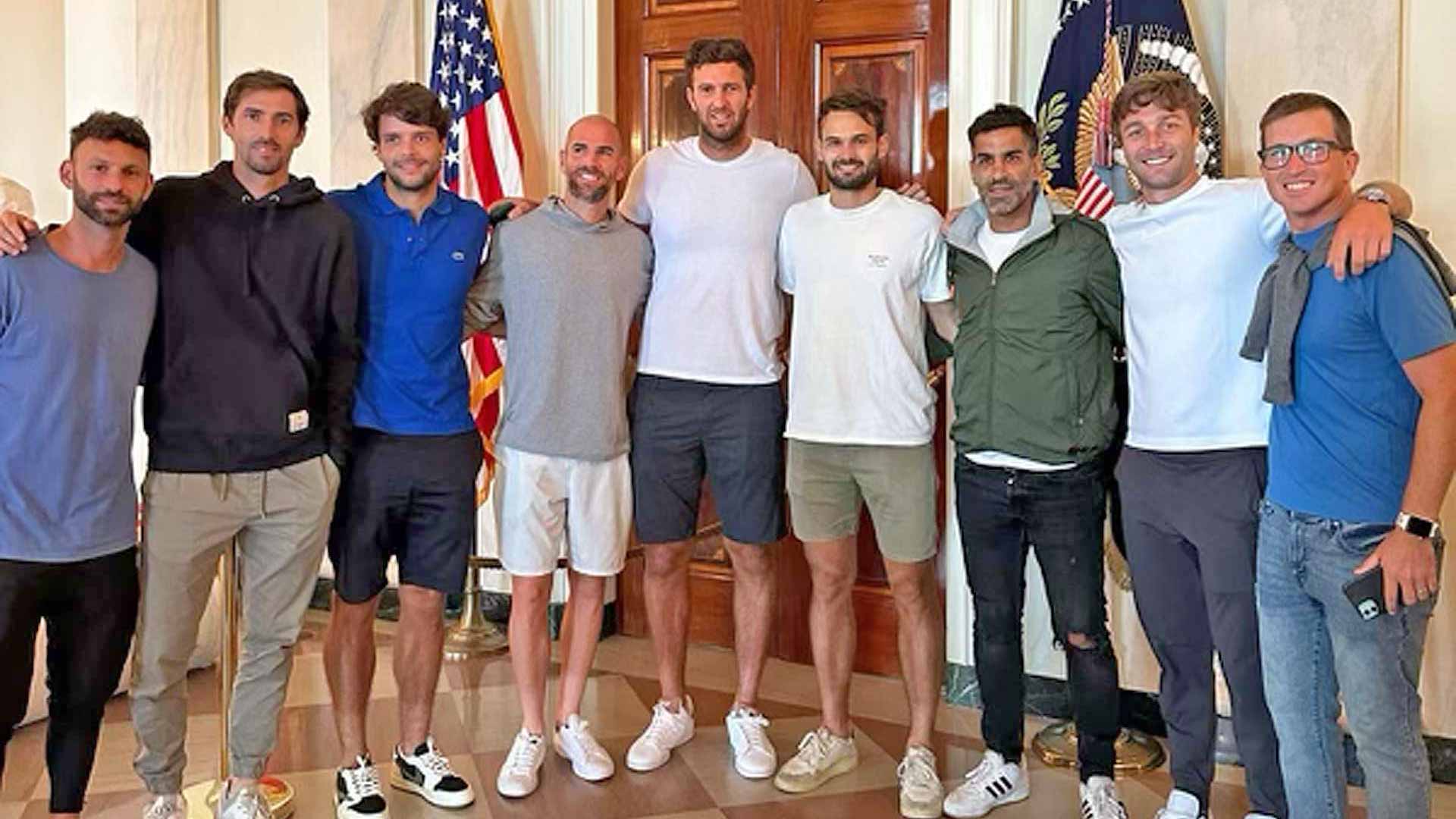 Andres Molteni, Gregoire Barrere, Adrian Mannarino, Fabrice Martin, Hugo Nys, Maximo Gonzalez and Liam Broady visit the White House.