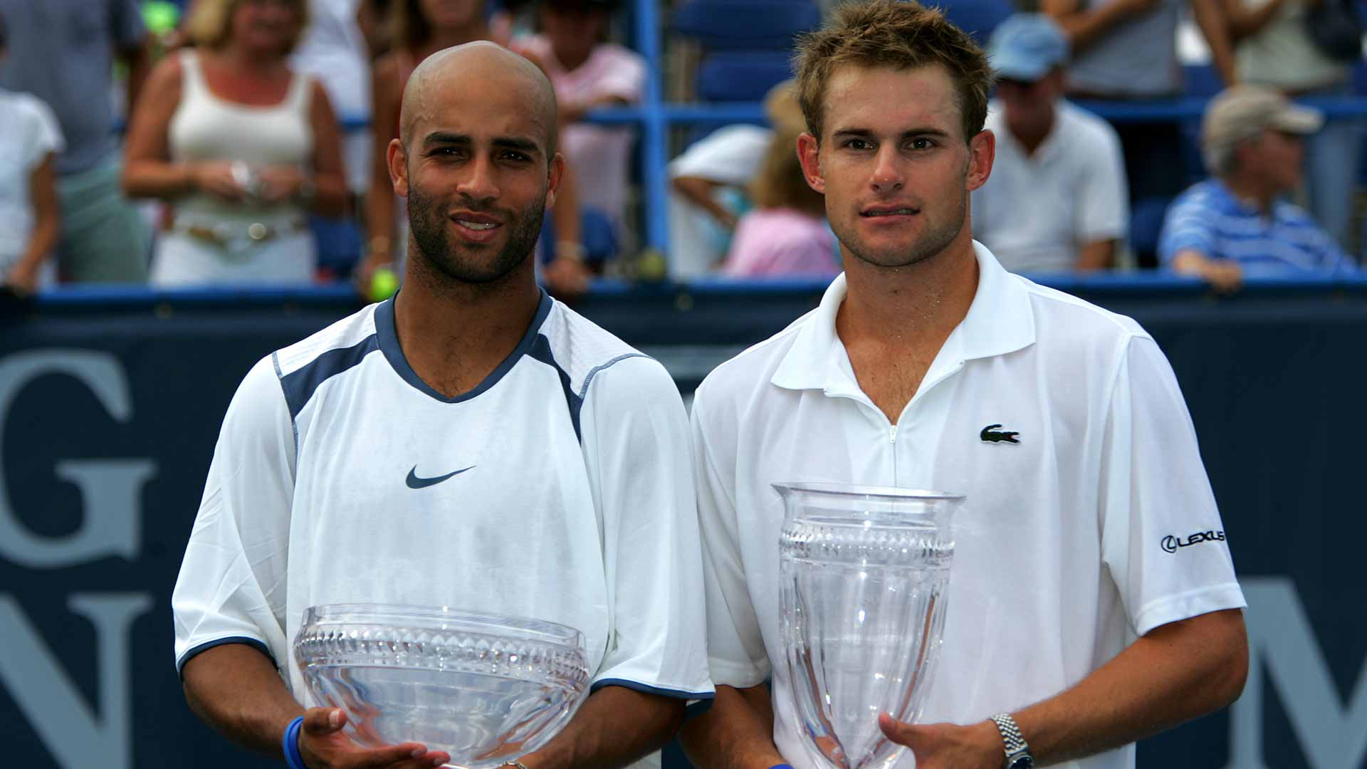 James Blake and Andy Roddick (champion) at the 2005 Washington, D.C. trophy ceremony.