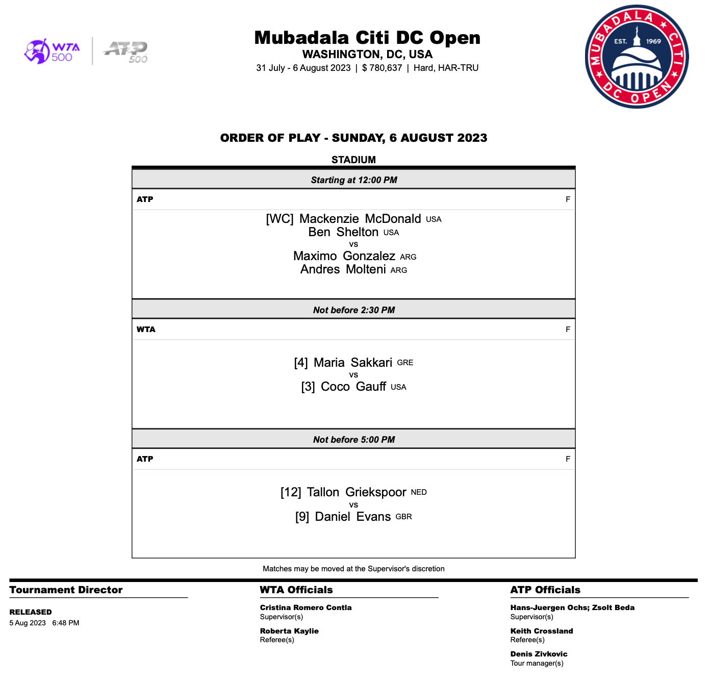 Match Schedule Mubadala Citi DC Open Tennis